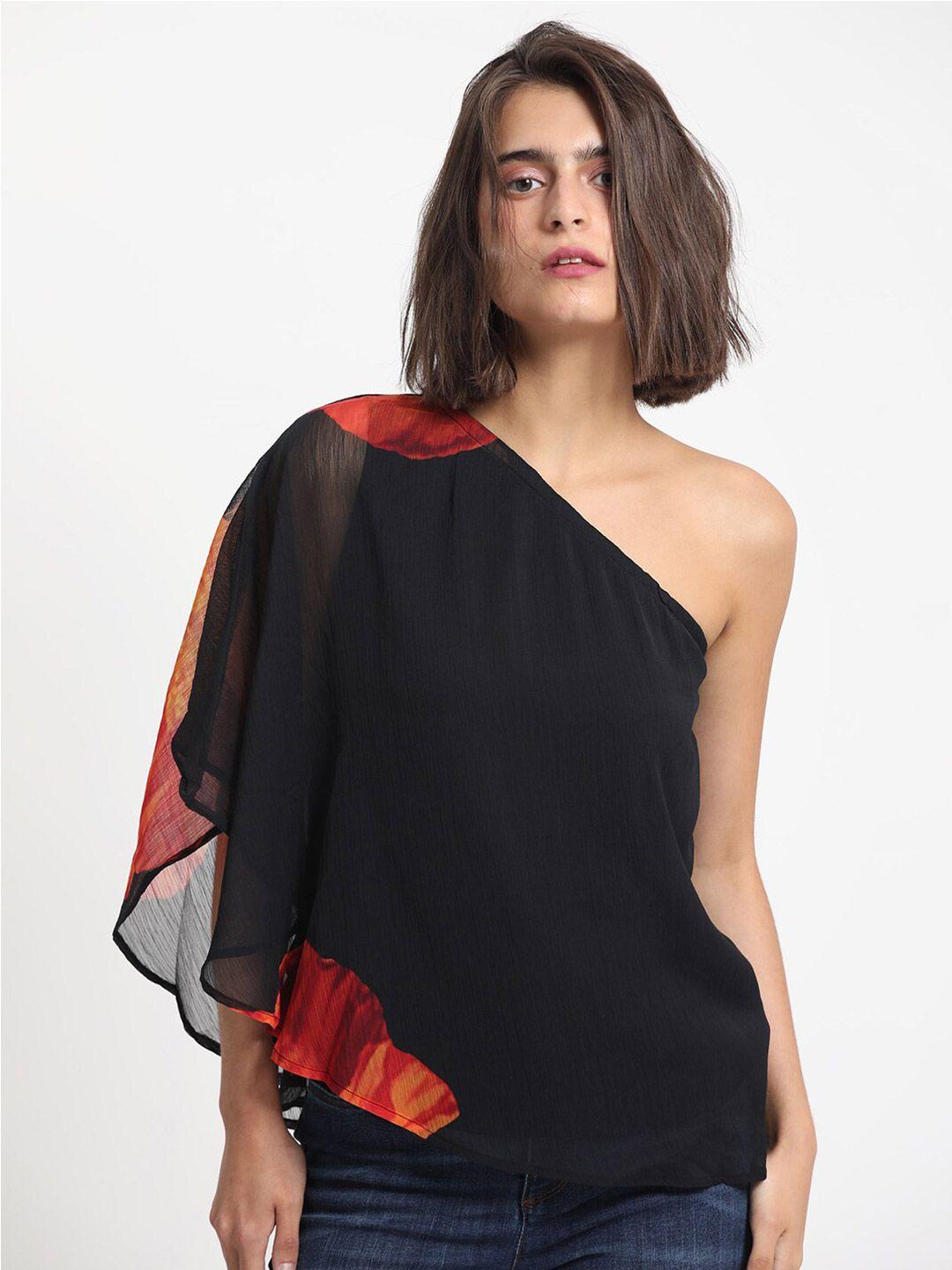 rareism black print one shoulder three-quarter top