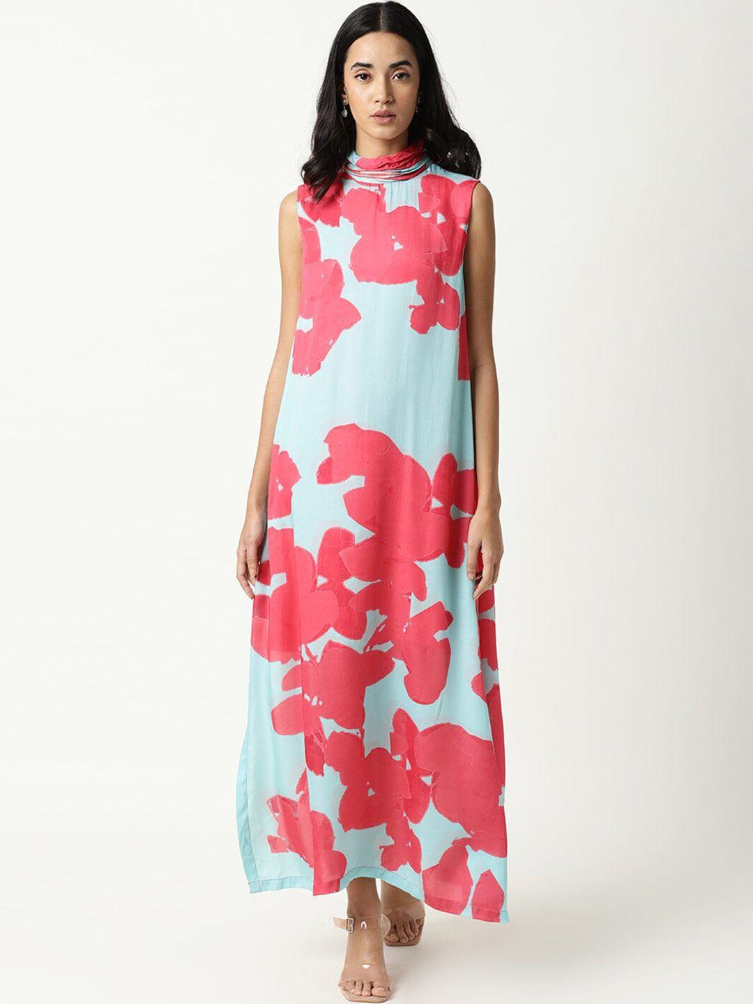 rareism blue & pink floral high neck sleeveless maxi dress