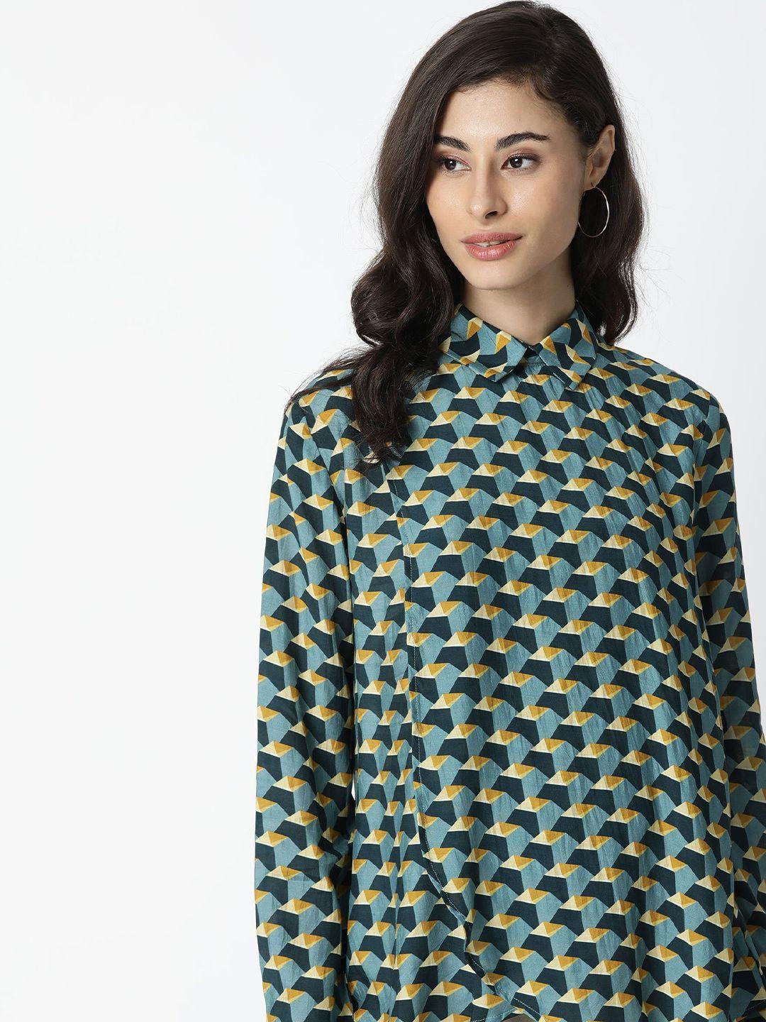 rareism blue & yellow geometric layered shirt style top
