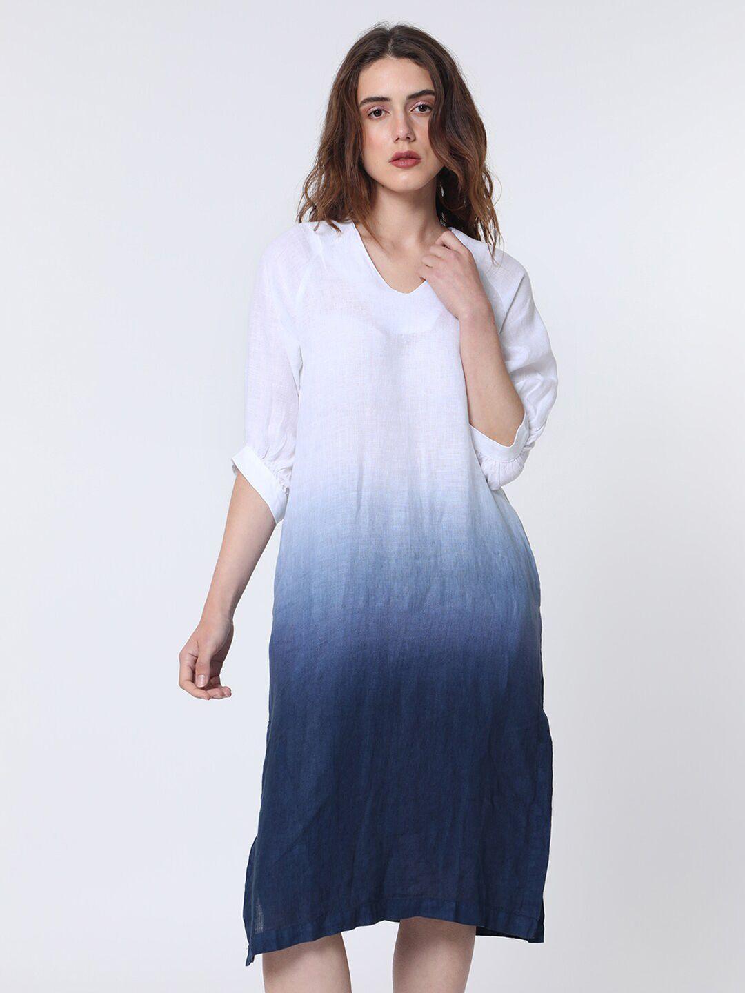 rareism colourblocked v-neck raglan sleeves linen a-line dress