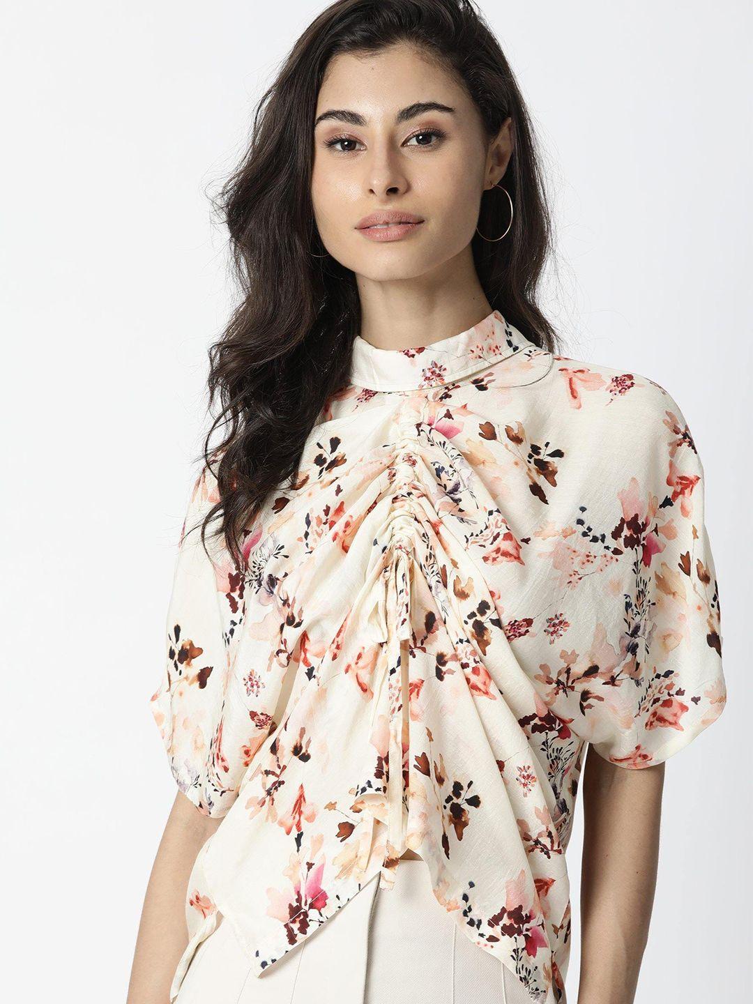 rareism cream-coloured & brown floral ruched regular top