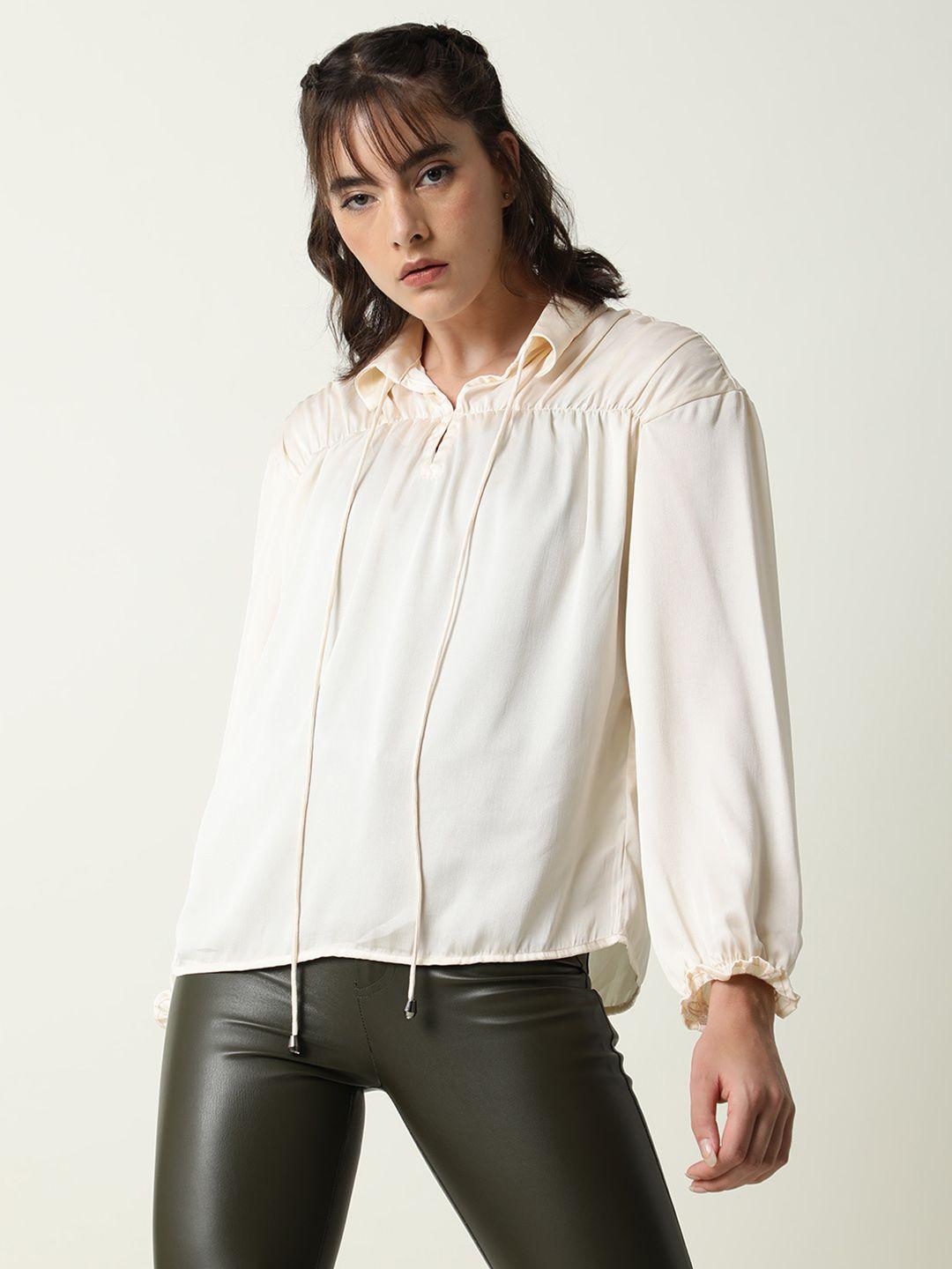 rareism cream-coloured tie-up neck top