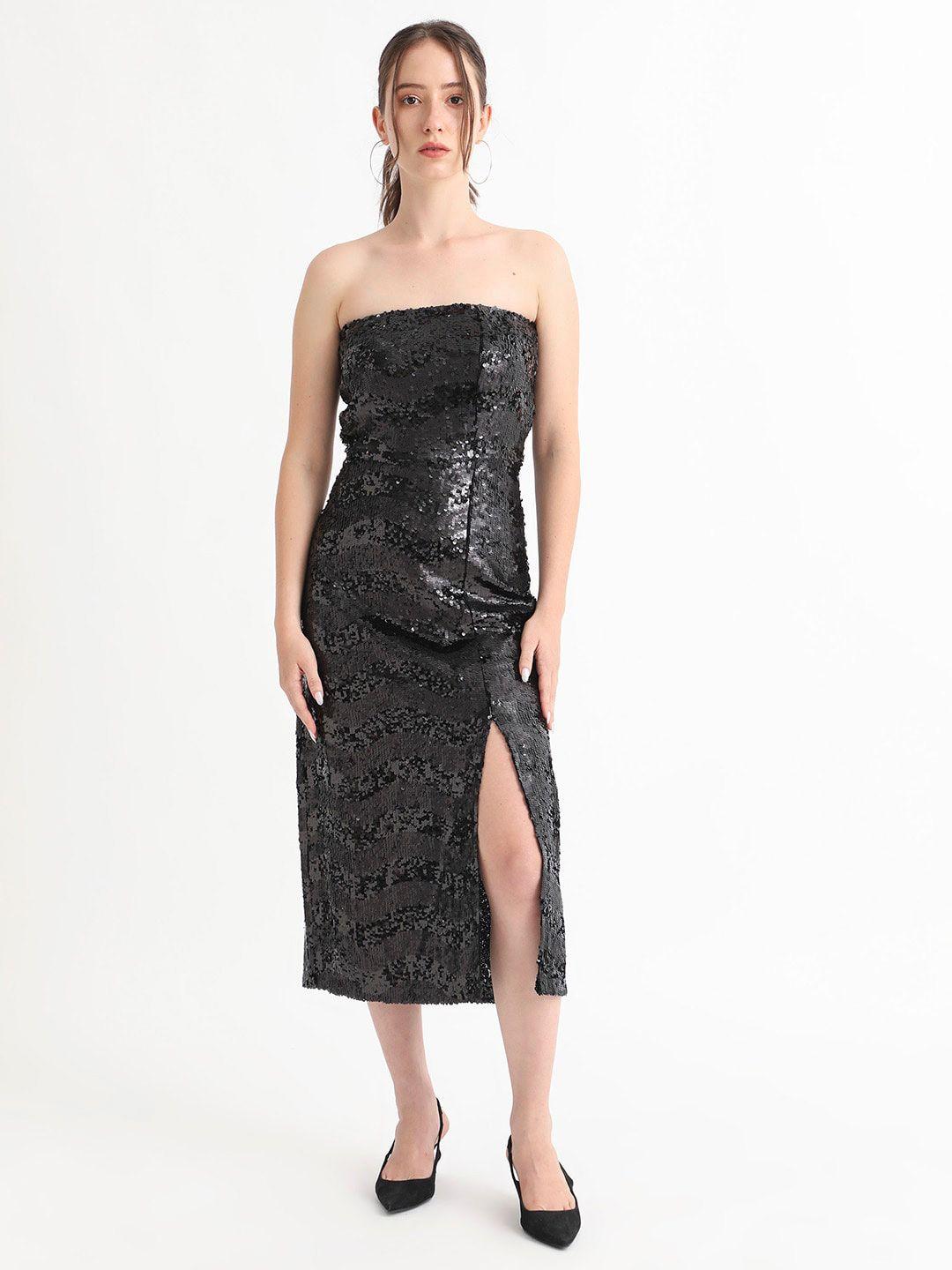 rareism embellished sequinned strapless sheath midi dress