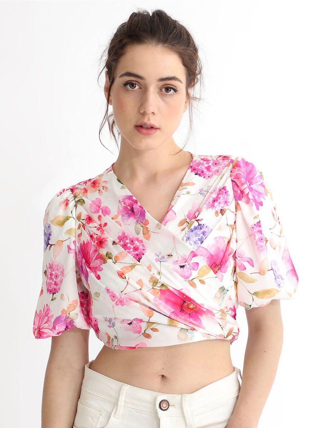 rareism floral print puff sleeves waist tie-ups cotton blouson crop top