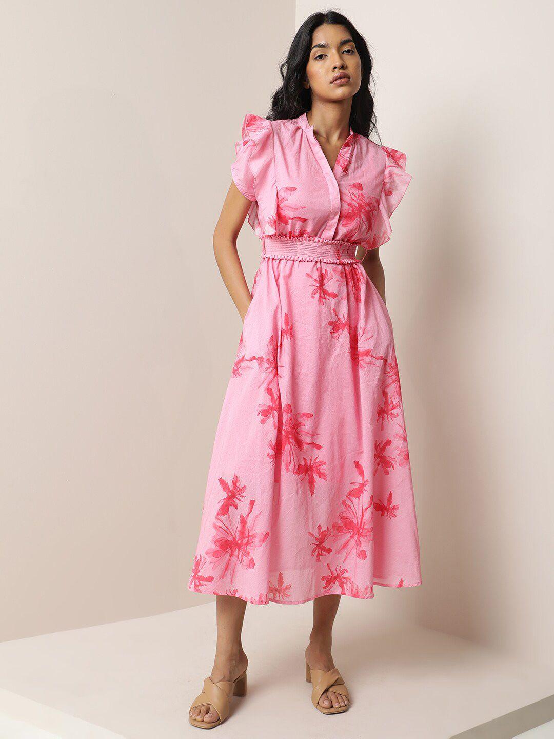 rareism floral printed cotton midi a-line dress with smocked belt