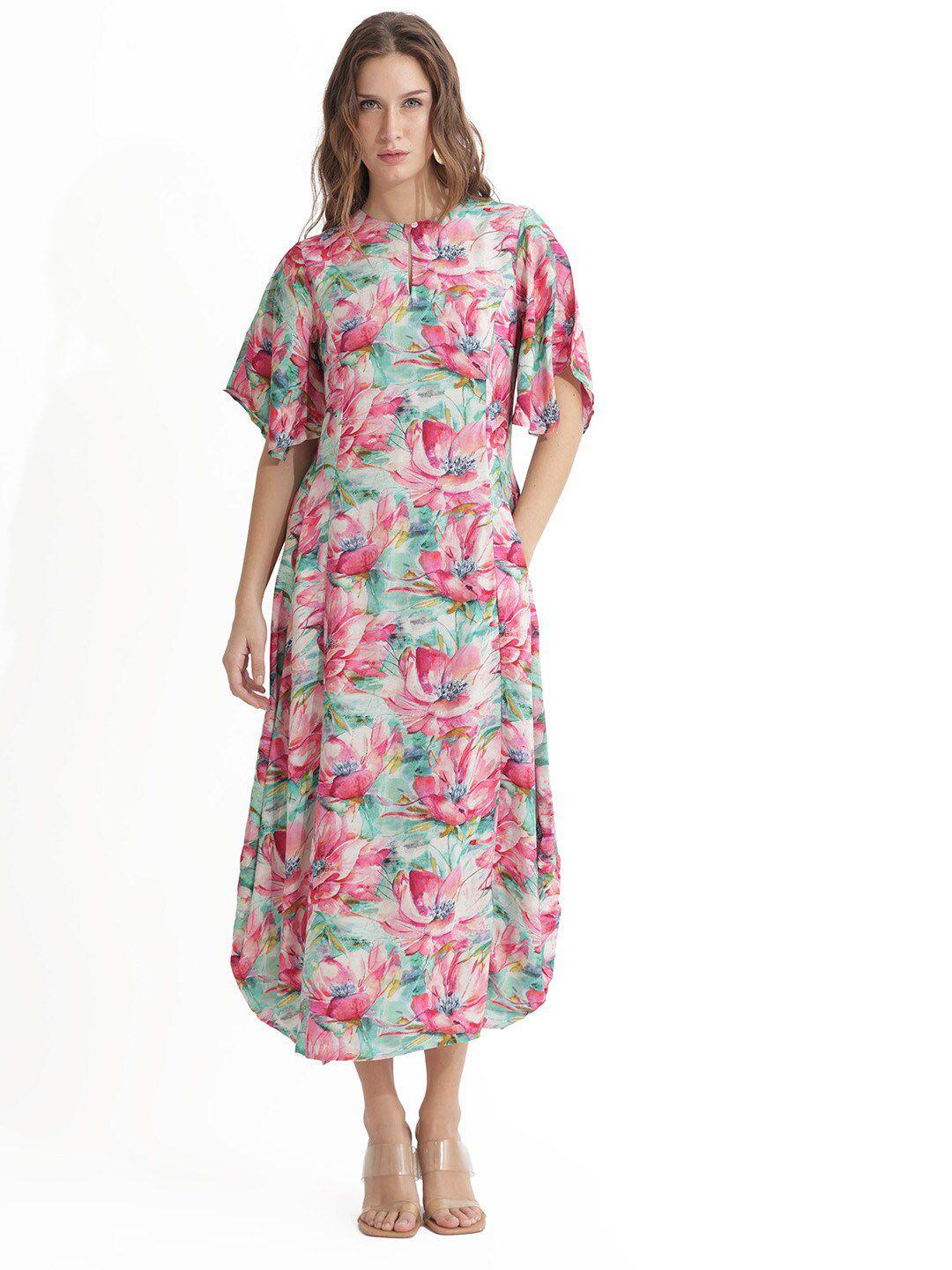 rareism floral printed flared sleeves a-line midi dress