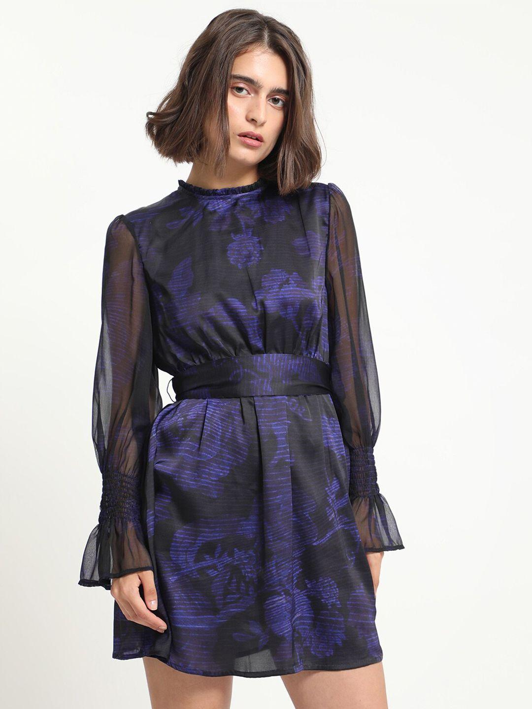 rareism floral printed high neck fit & flare dress