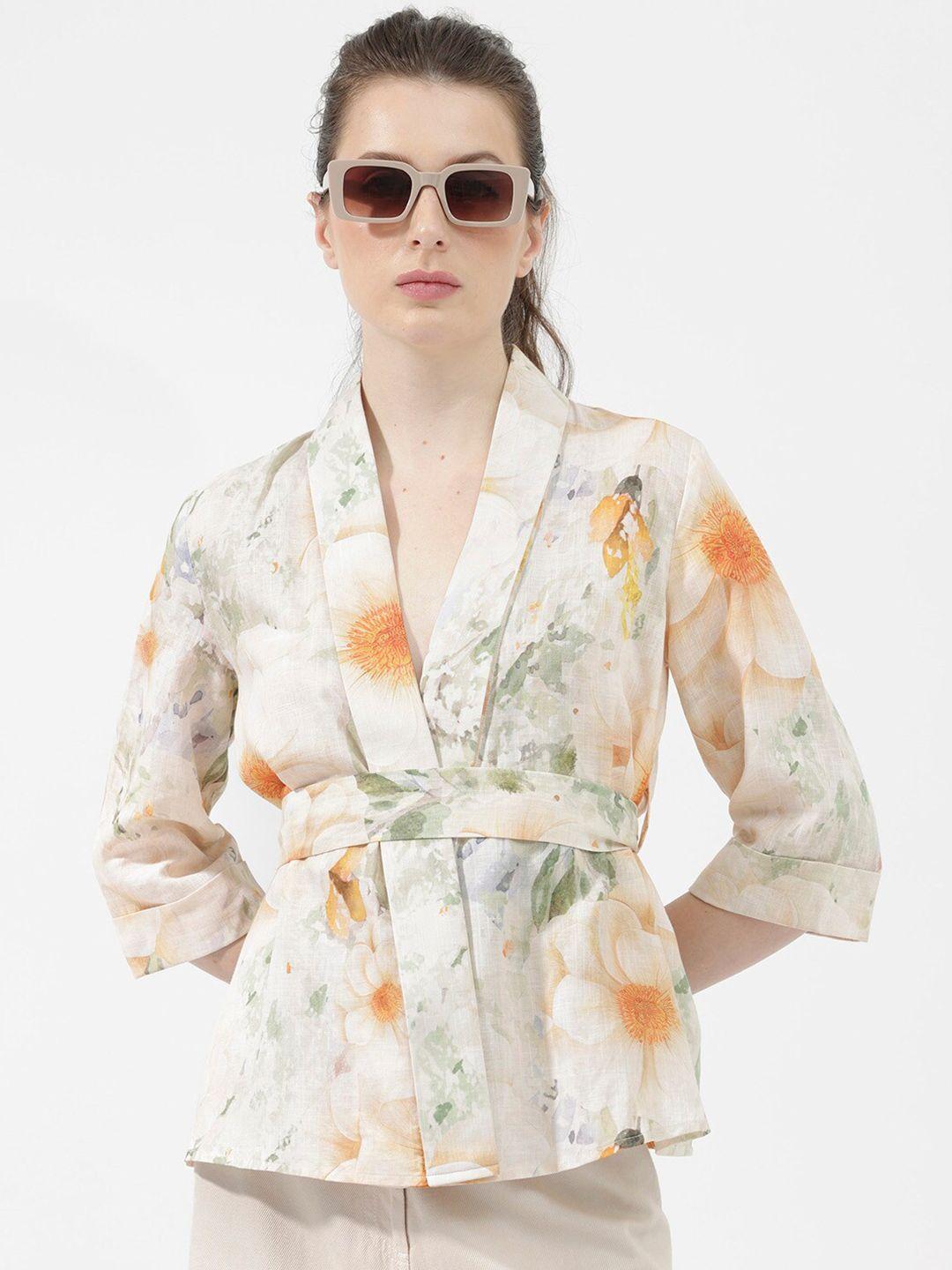 rareism floral printed shawl collar cotton top