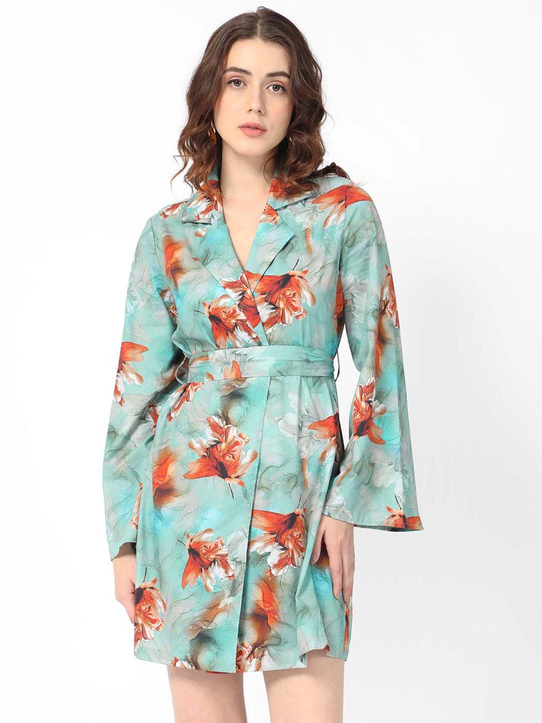 rareism floral printed shirt collar bell sleeve belted cotton wrap dress