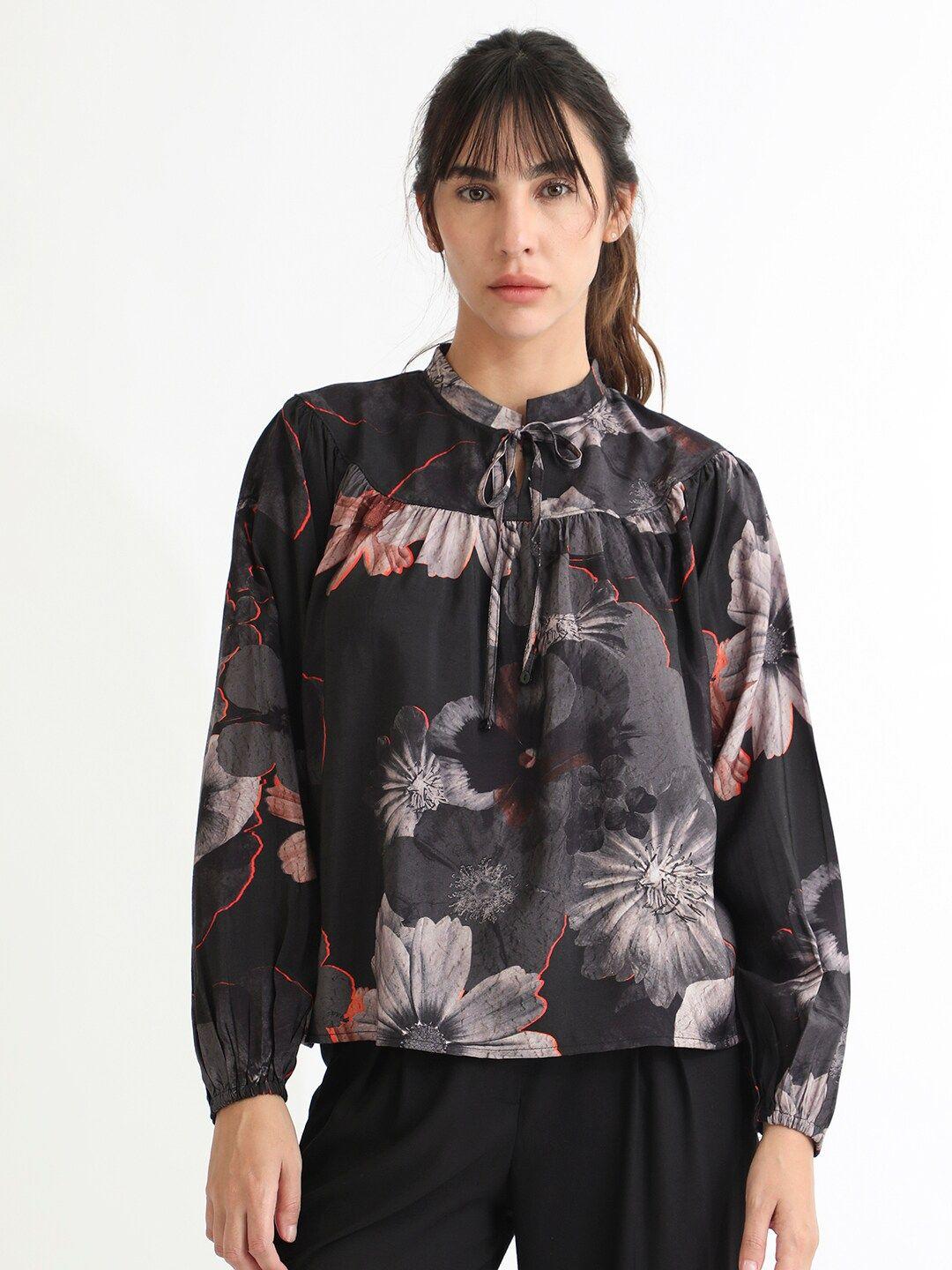 rareism floral printed tie-up neck top