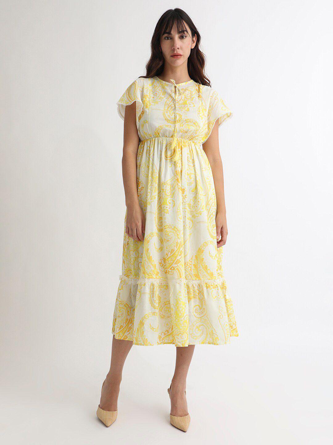 rareism floral printed tie-ups detail extended sleeve cotton fit & flare midi dress