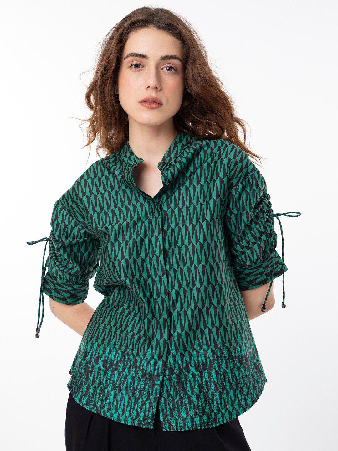 rareism geometric printed tie-up cotton shirt style top