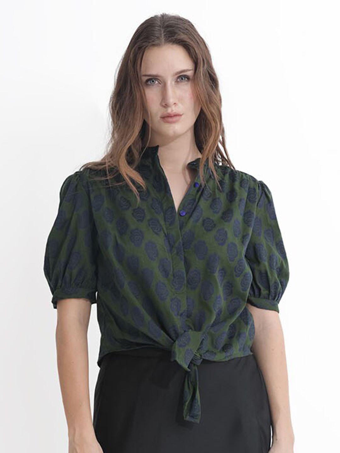 rareism green print mandarin collar long top