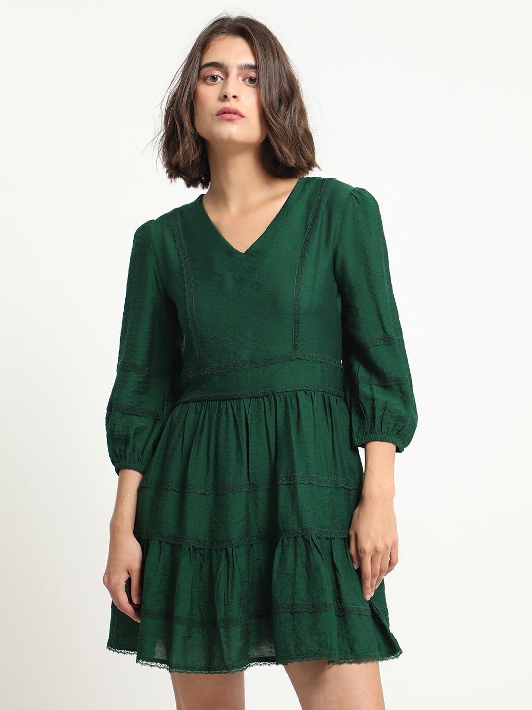 rareism green puff sleeve fit & flare dress