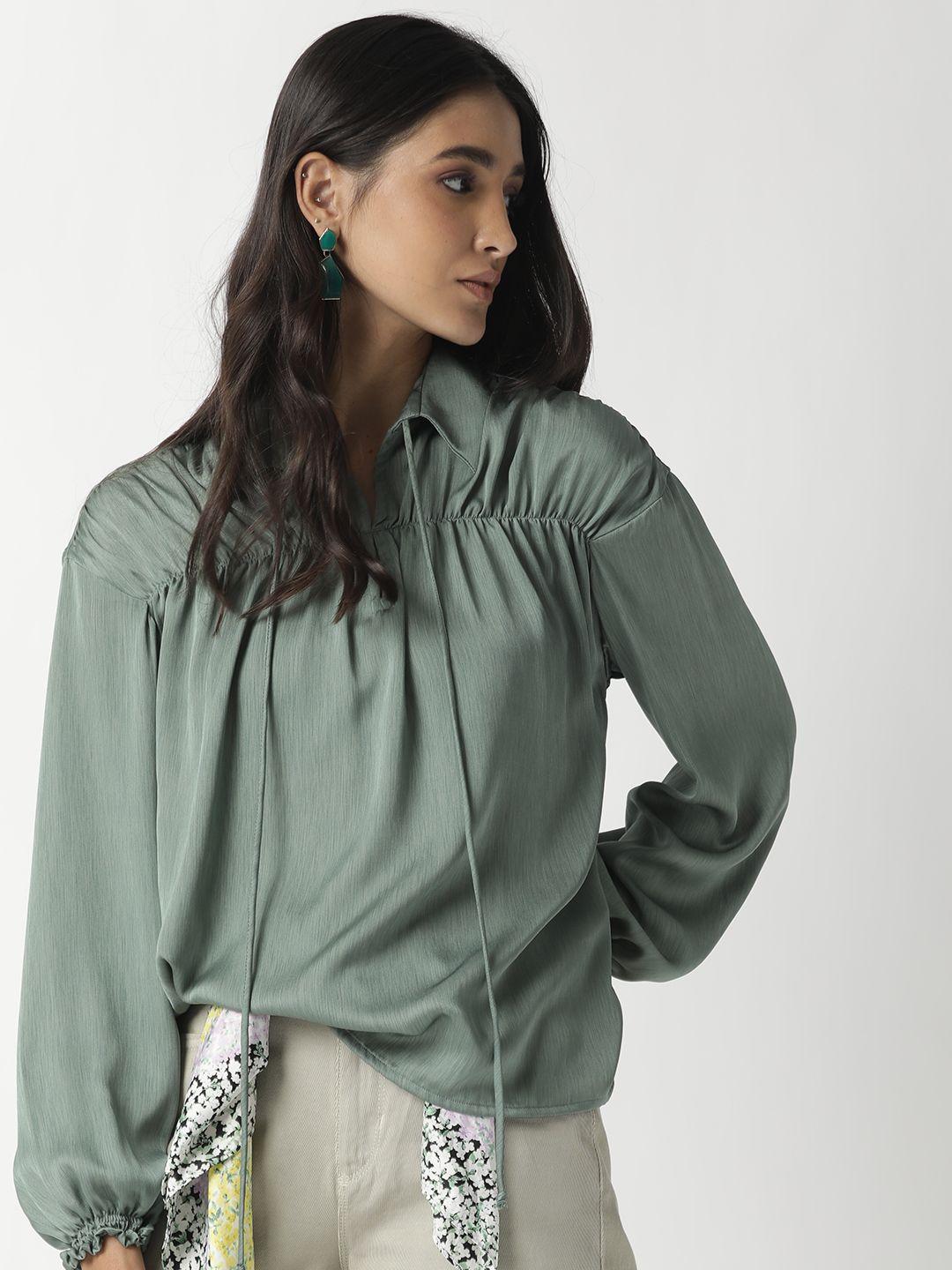 rareism green tie-up neck top