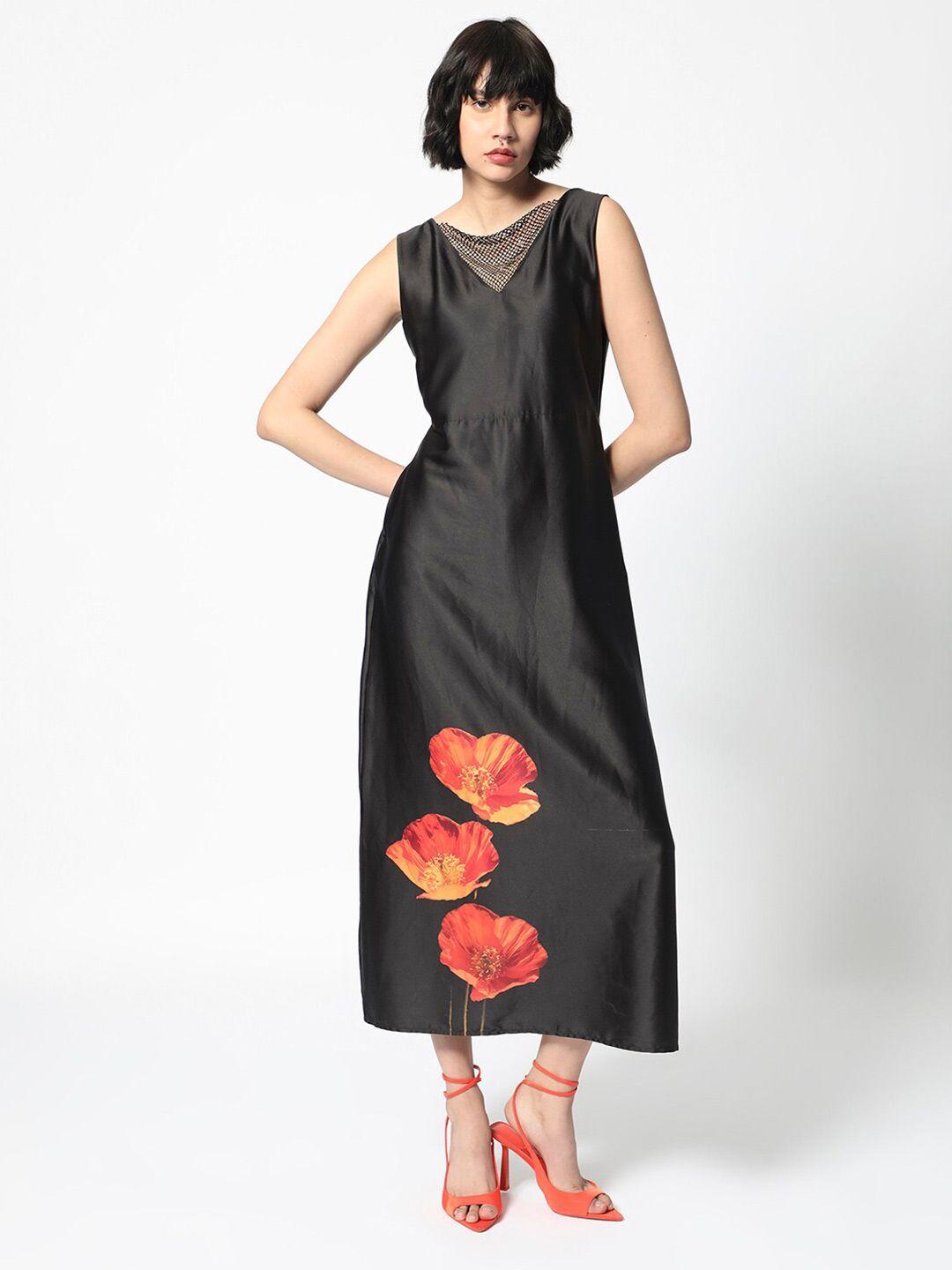 rareism mesh floral printed sleeveless midi a-line dress