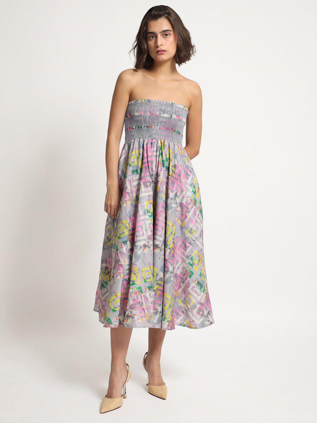 rareism multicoloured floral print off-shoulder fit & flare midi dress