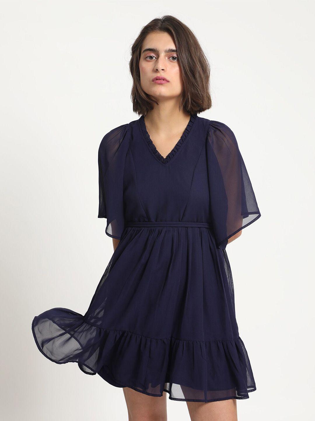 rareism navy blue flared sleeve fit & flare dress