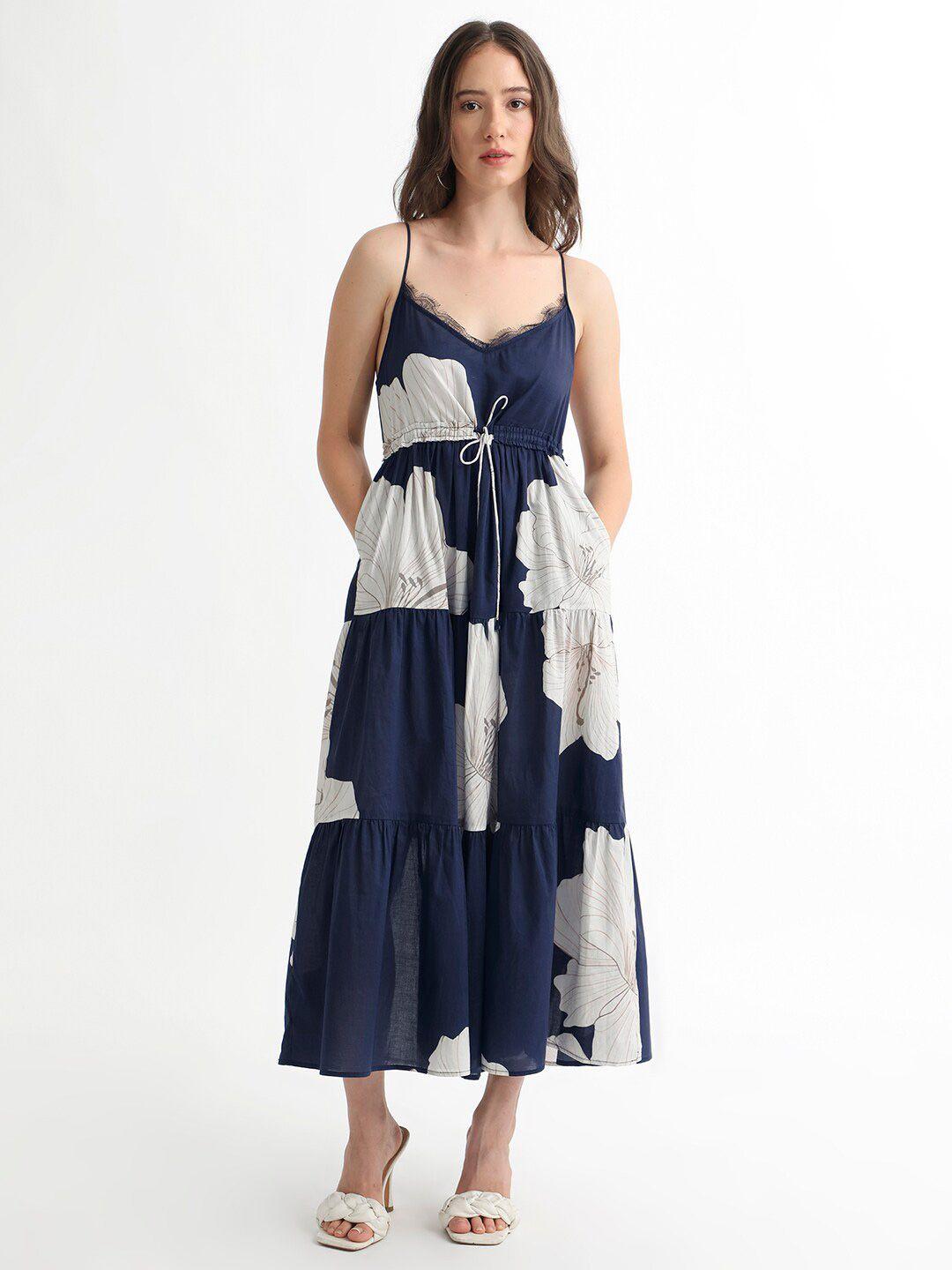 rareism navy blue tie and dye print fit & flare midi dress