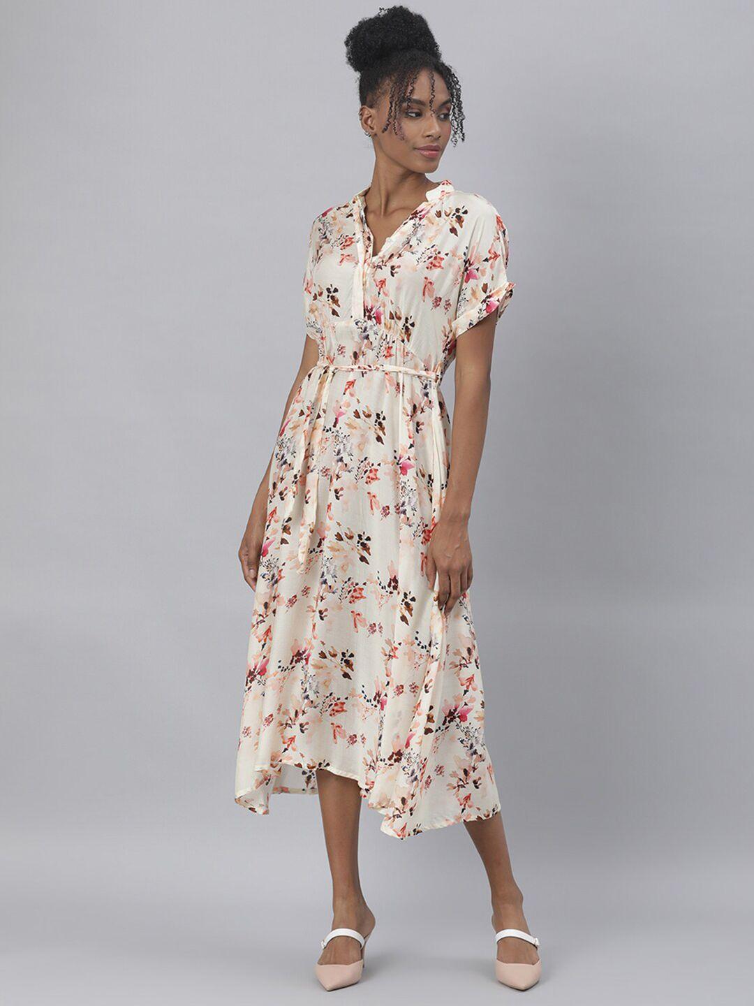 rareism off white & multicoloured floral printed a-line midi dress with belt