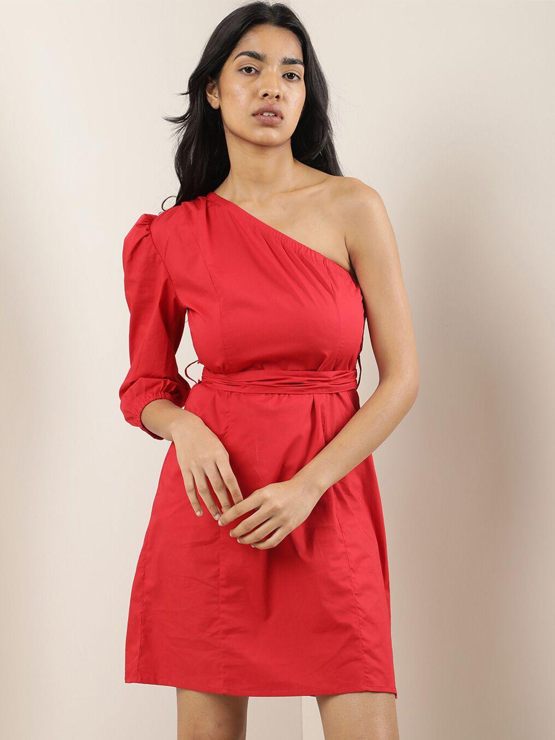 rareism one shoulder puff sleeves belted cotton sheath dress