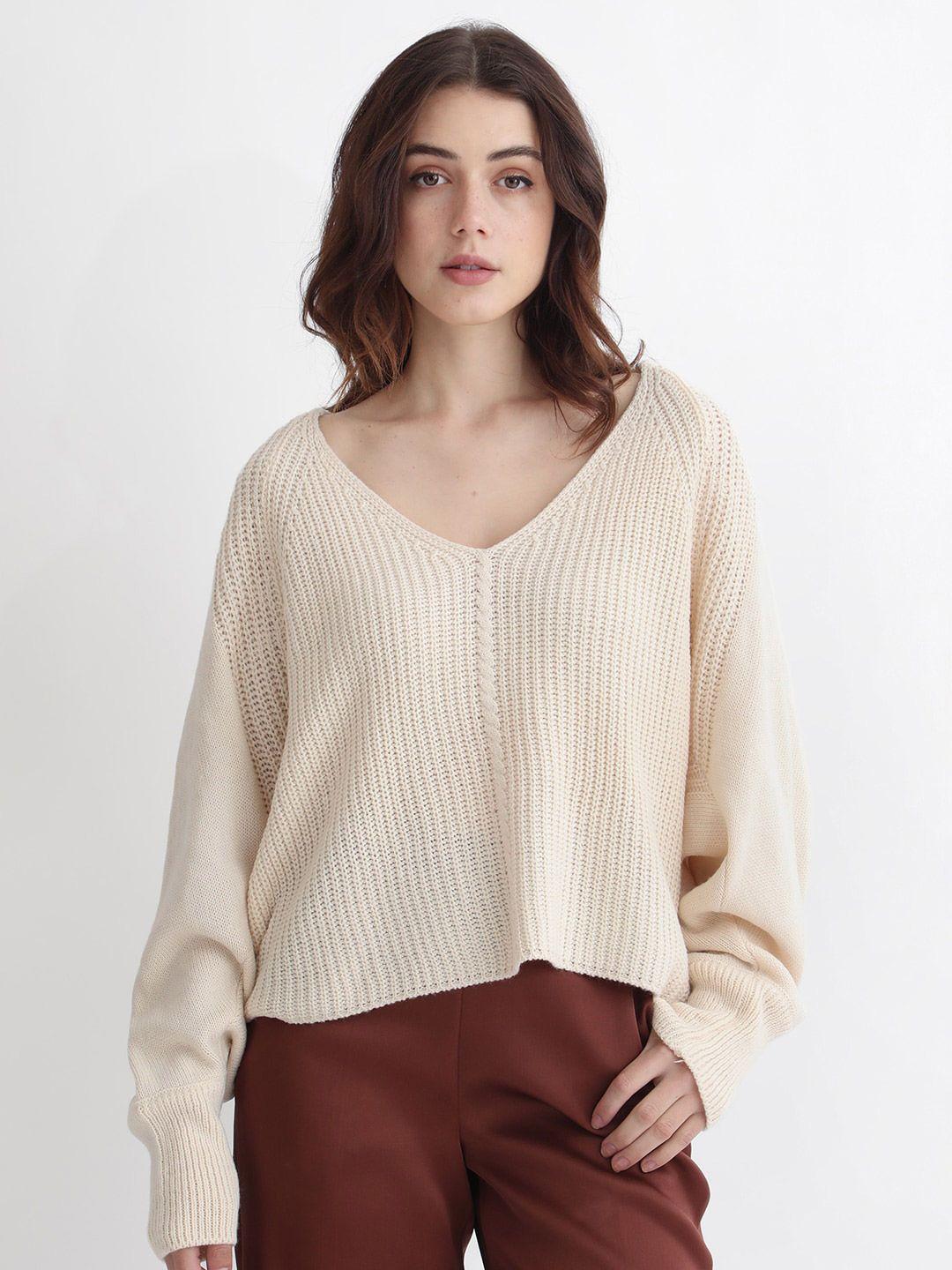 rareism open knit self design v-neck cotton pullover
