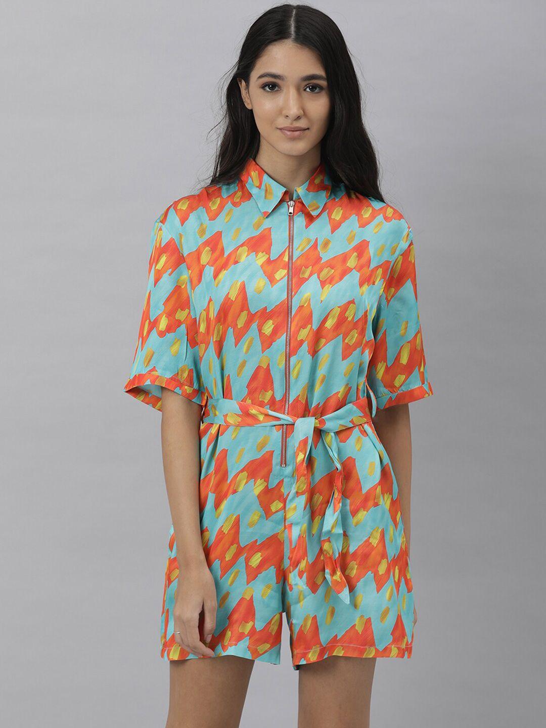 rareism orange & sea green modal printed playsuit