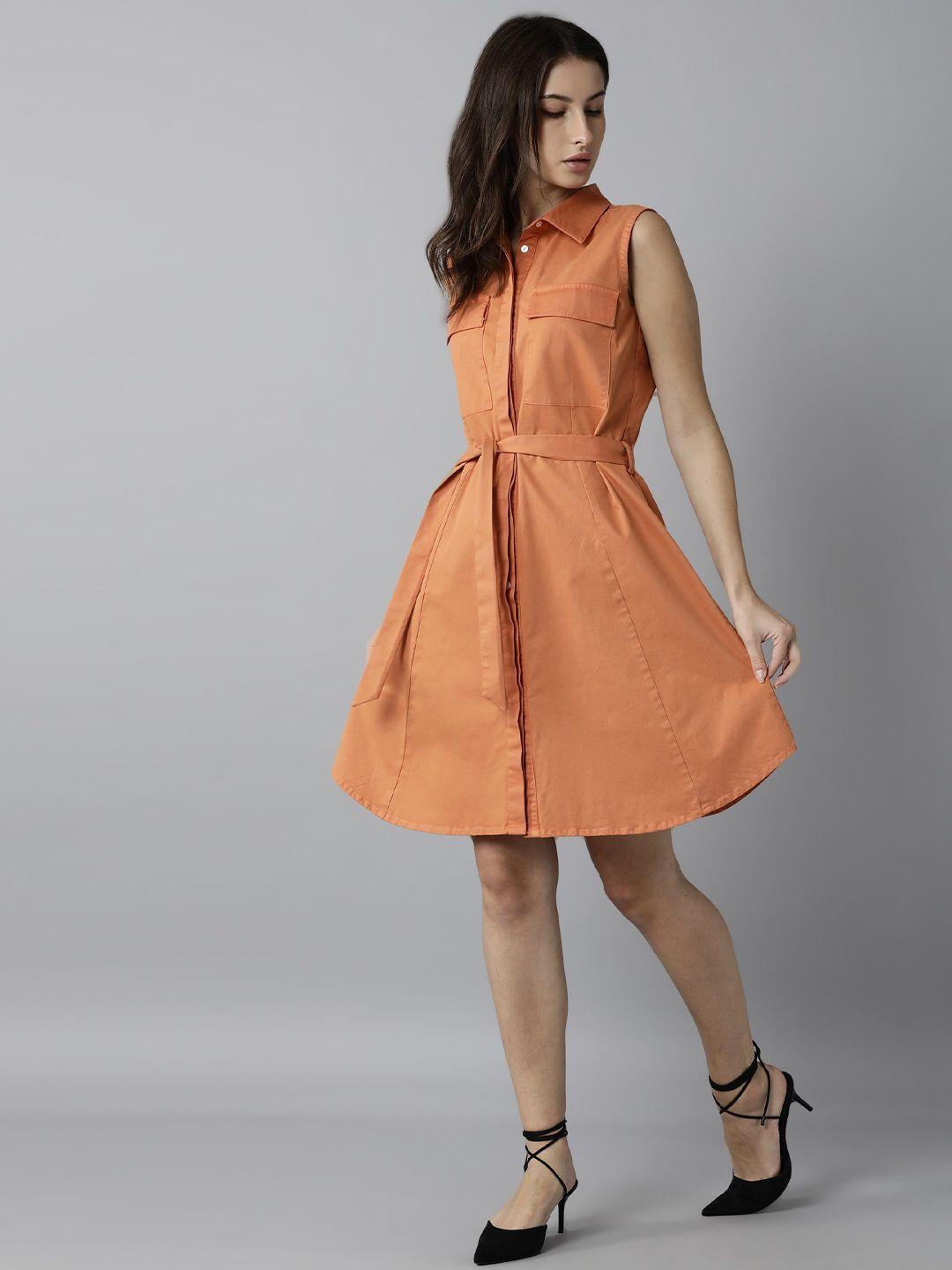 rareism orange solid shirt dress with tie-up belt