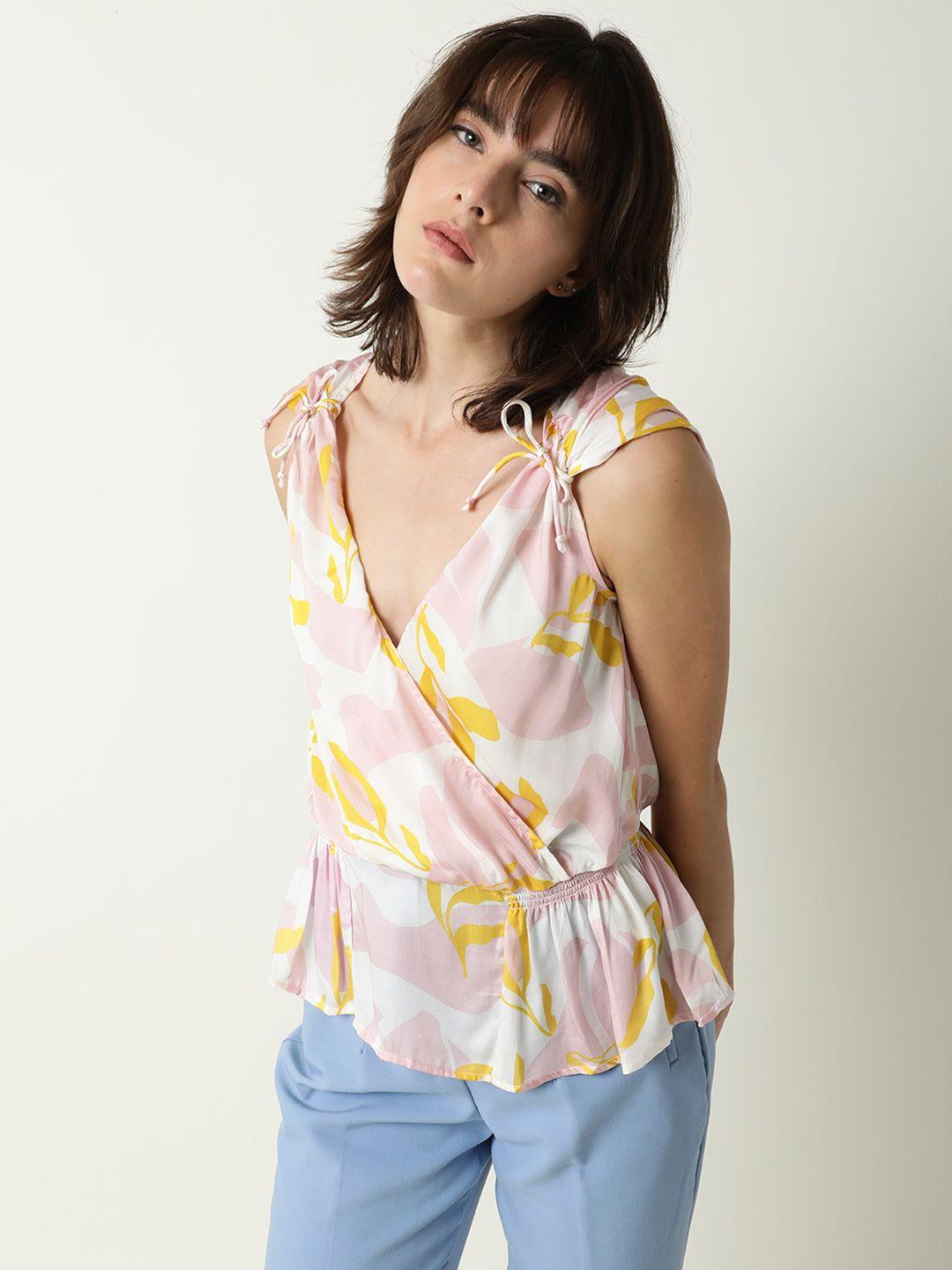 rareism pink floral print modal wrap top