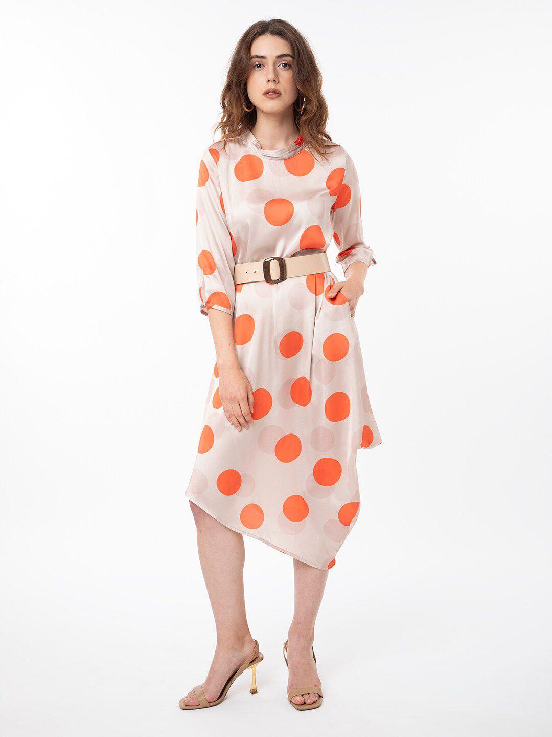 rareism polka dots printed asymmetric hem fit & flare midi dress