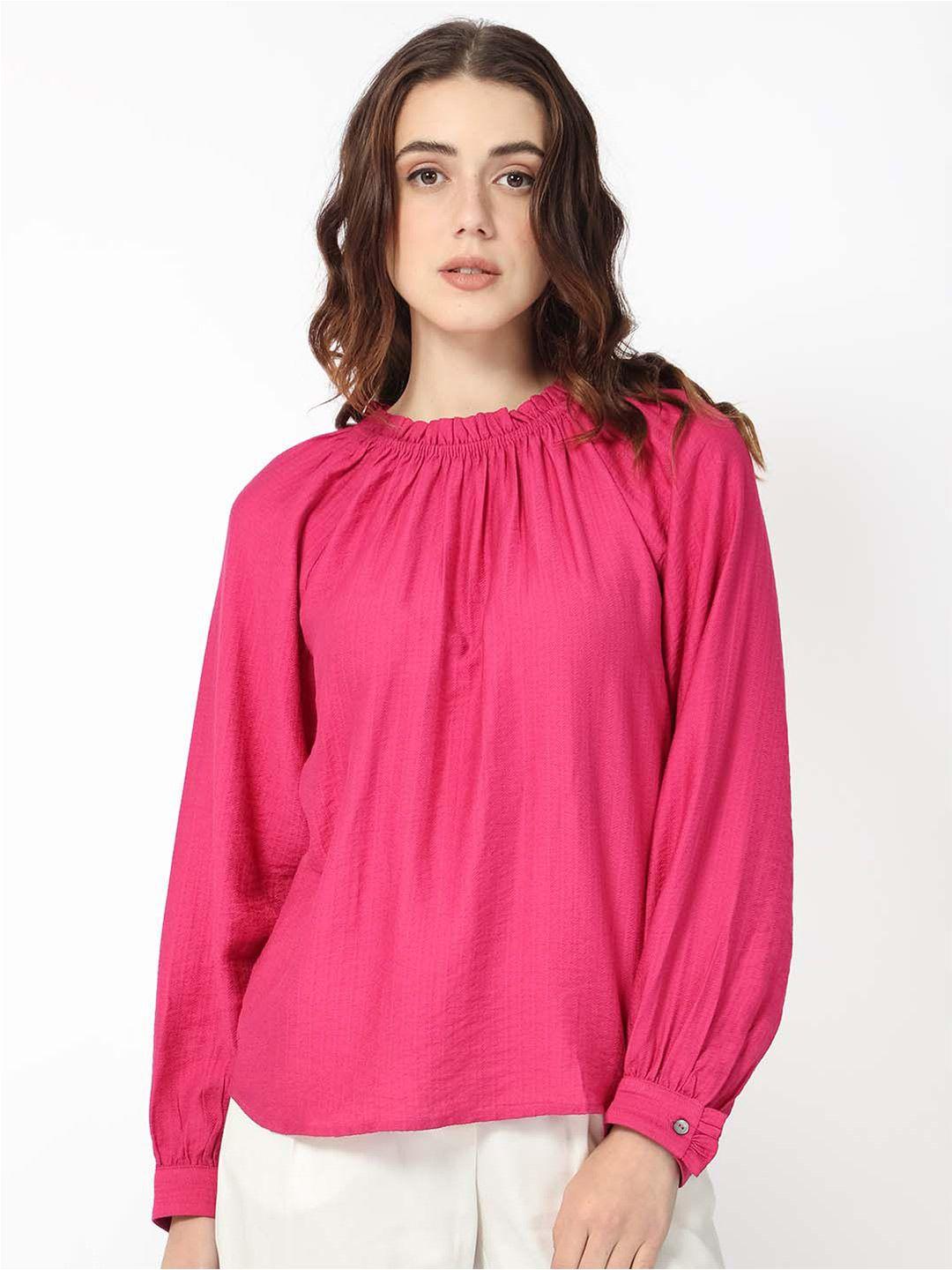 rareism round neck cuffed sleeves top