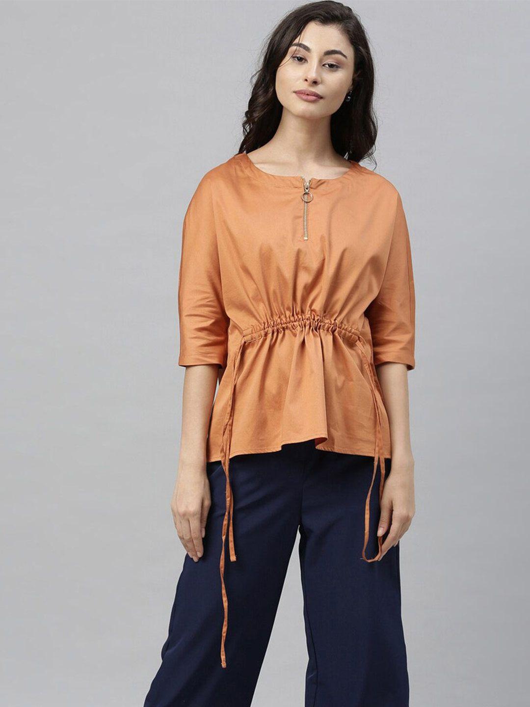 rareism round neck gathered or pleated cotton top