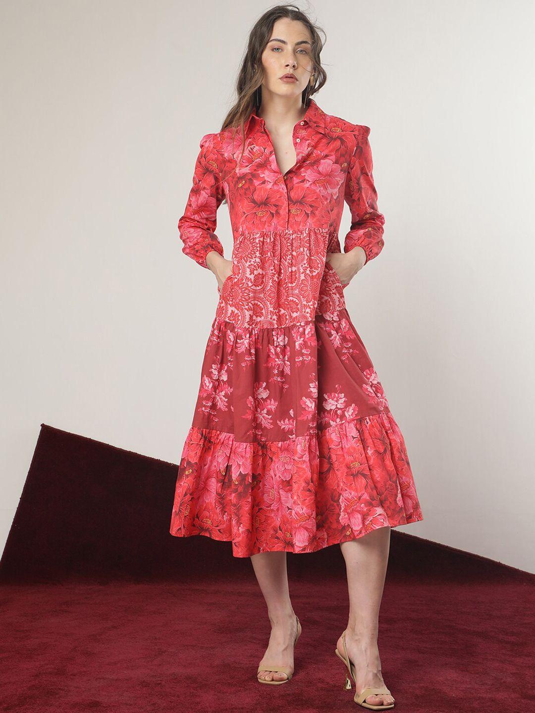 rareism shirt collar floral print a-line dress