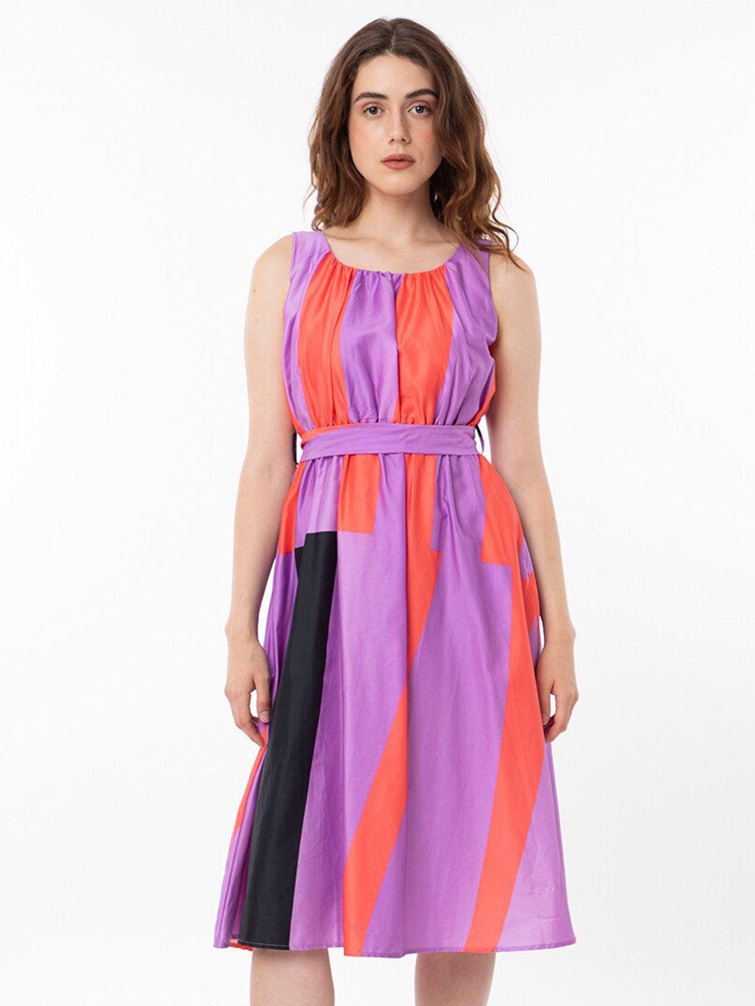 rareism striped sleeveless cotton fit & flare  midi dress