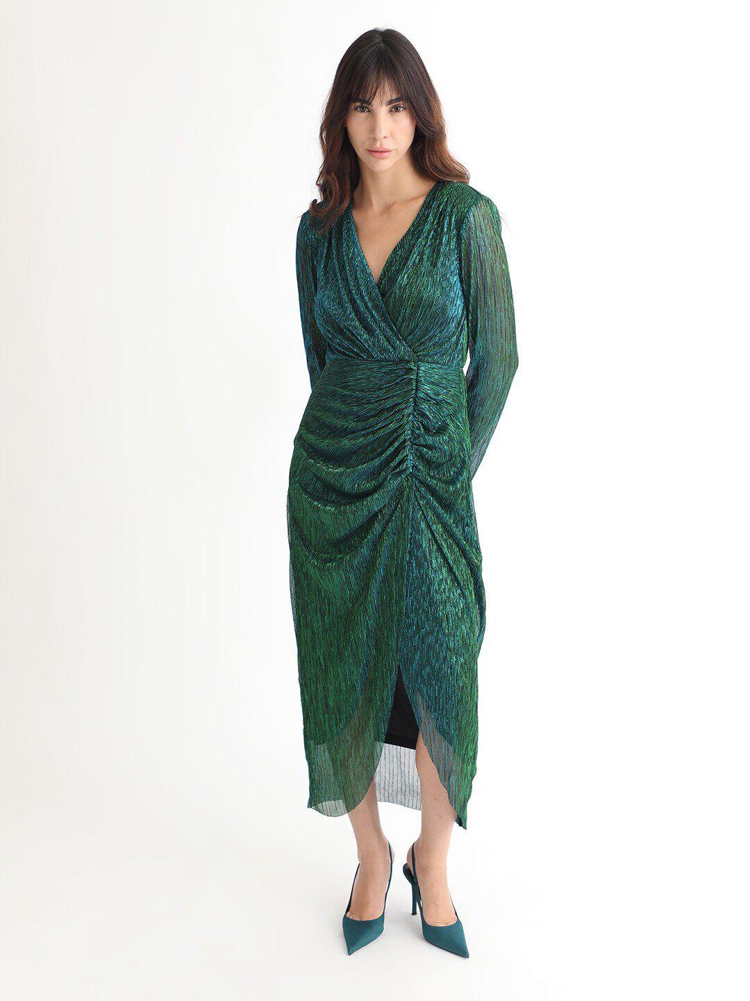 rareism v-neck long sleeves shimmer wrap midi dress