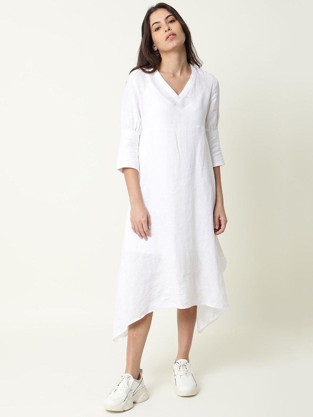 rareism white linen a-line dress