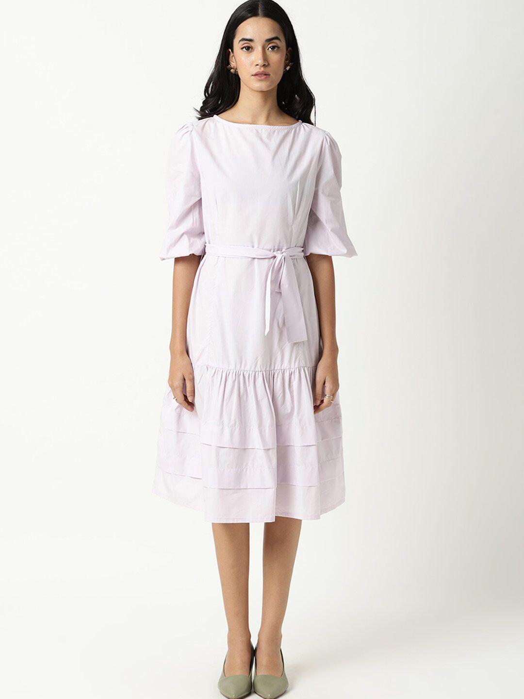 rareism white solid  a-line midi dress