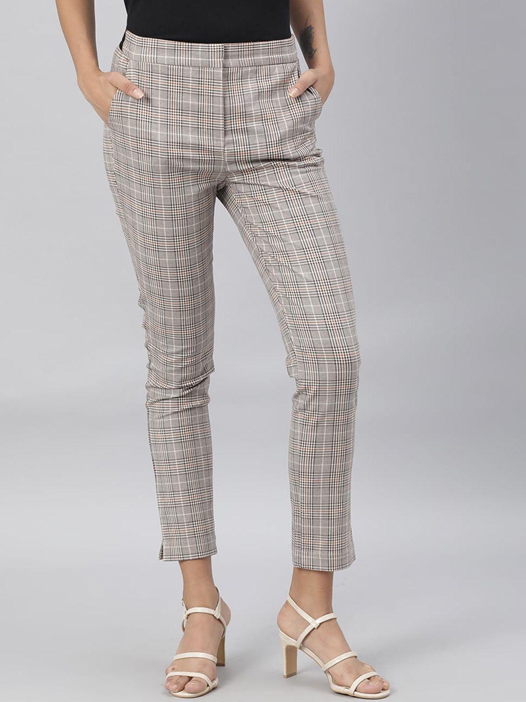 rareism women beige checked slim fit trousers
