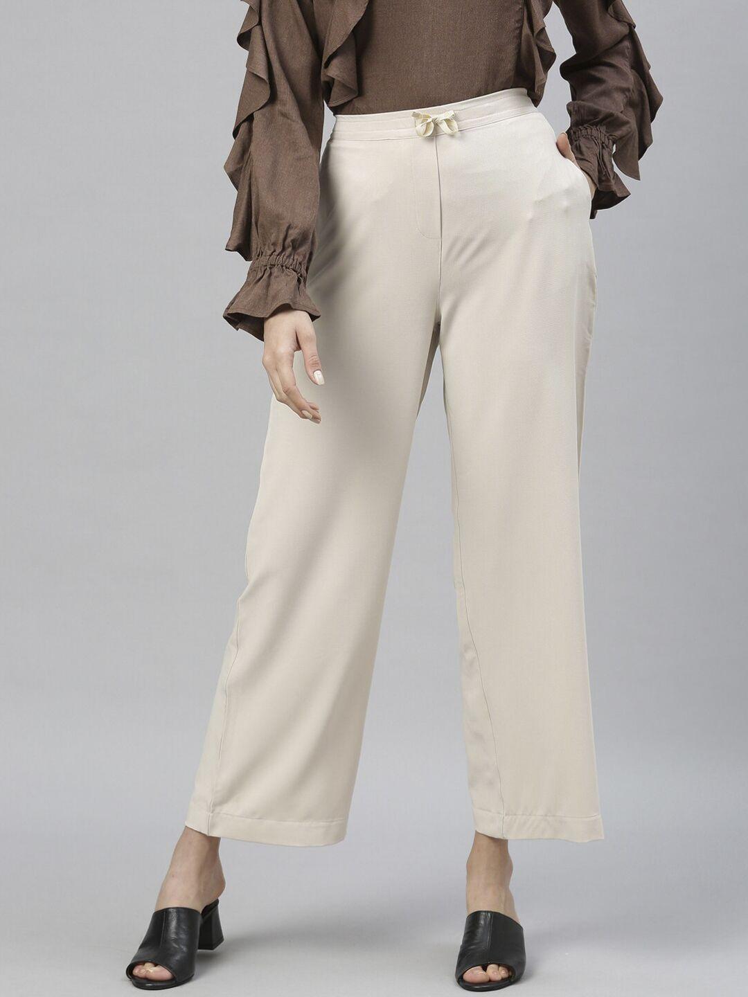 rareism women beige regular fit solid cropped regular trousers