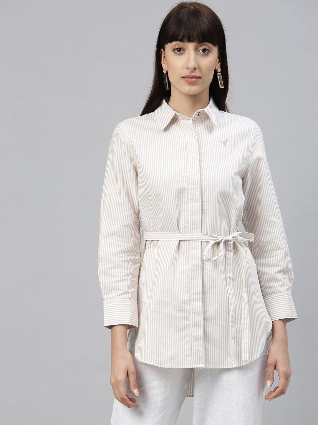 rareism women beige striped pure cotton shirt style top