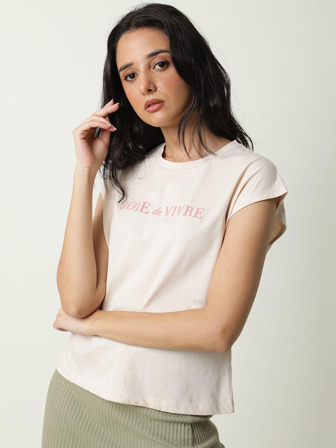 rareism women beige typography slim fit cotton t-shirt