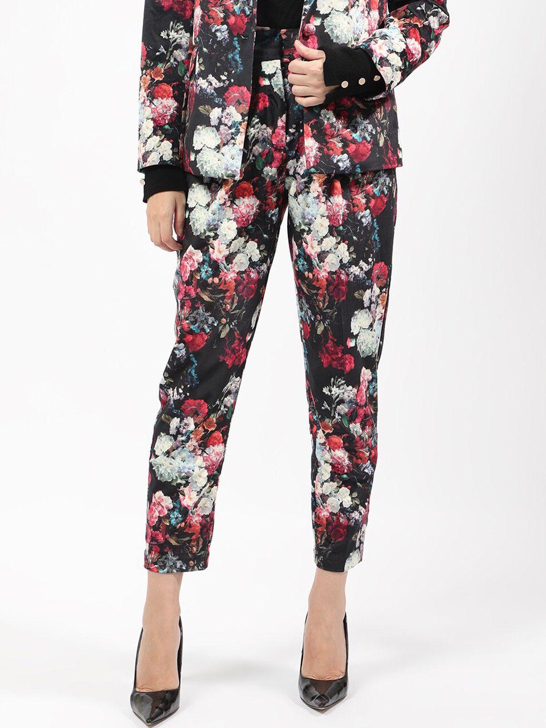 rareism women black floral printed slim fit high-rise trousers