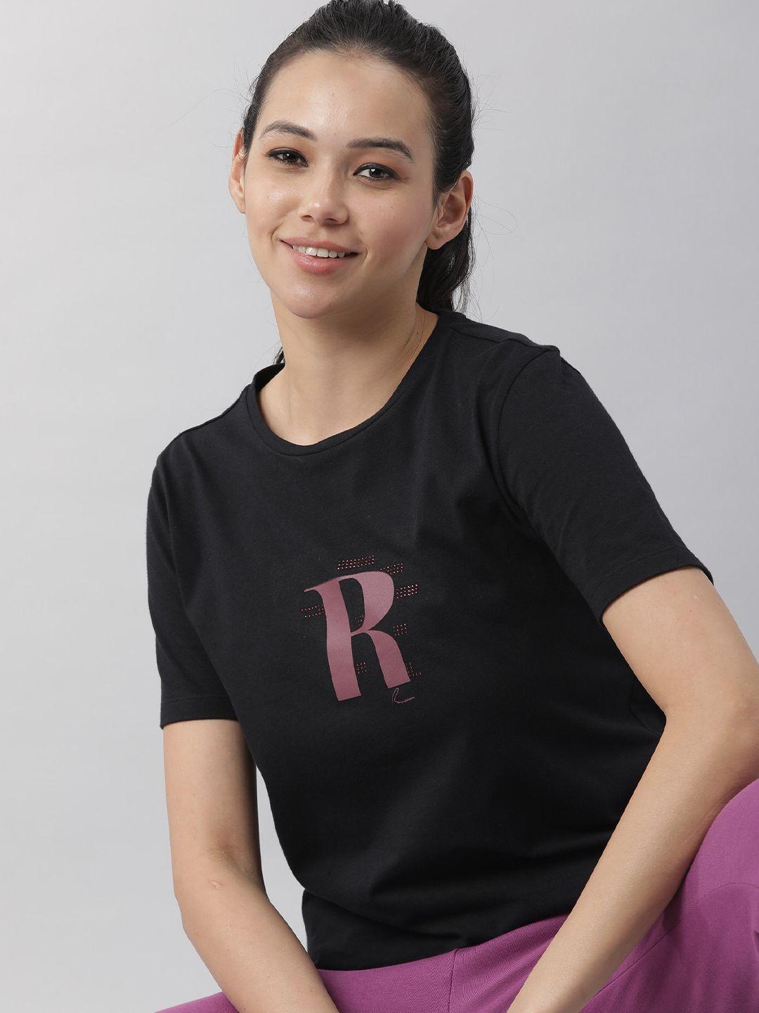 rareism women black pure cotton slim fit t-shirt