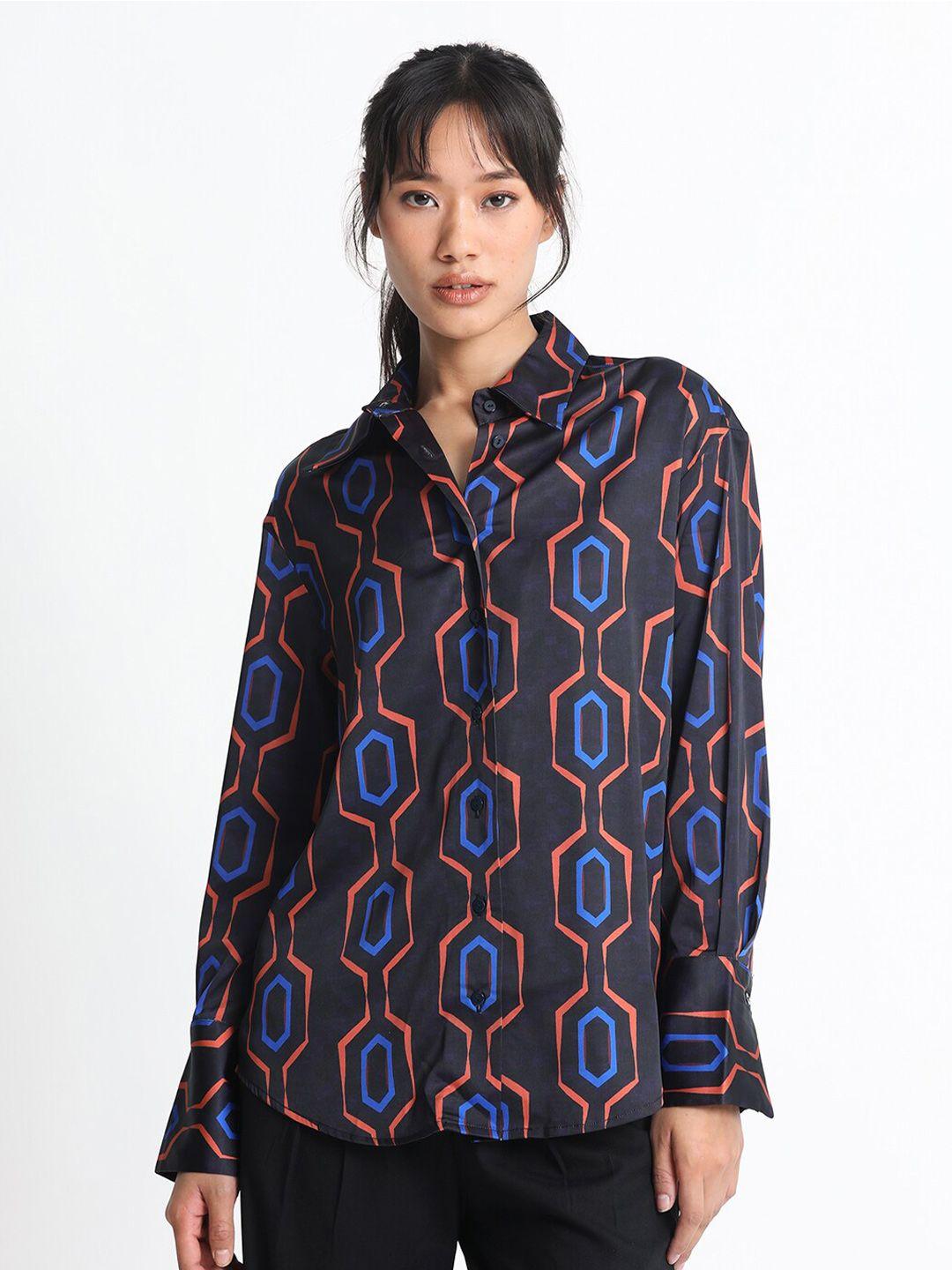 rareism women black slim fit opaque printed casual shirt