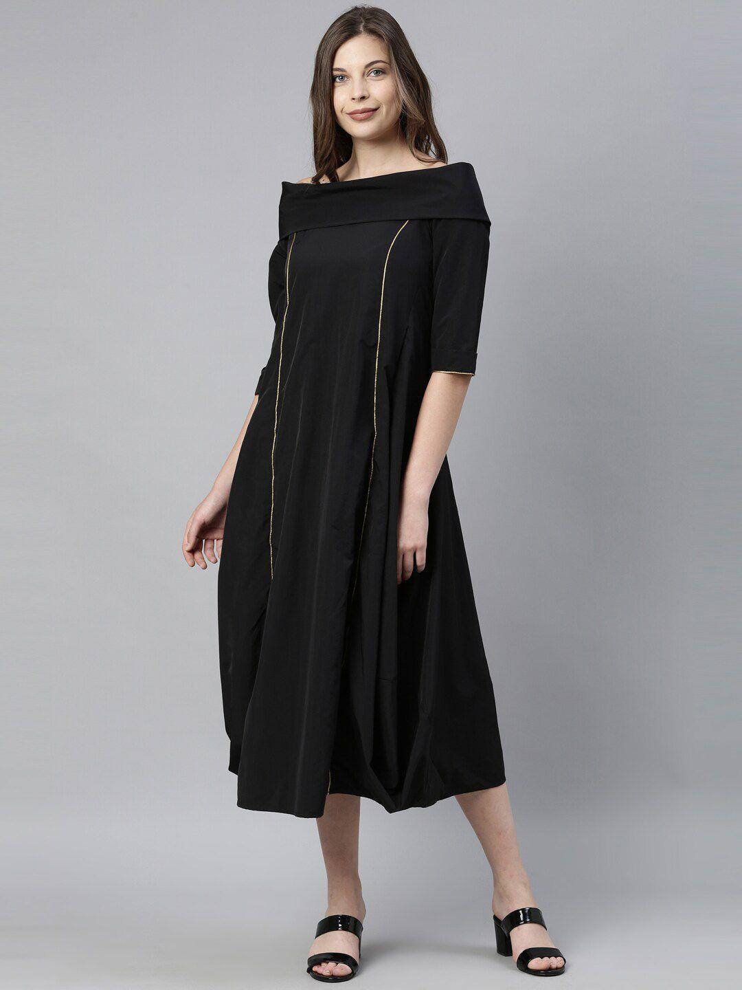 rareism women black solid a-line dress