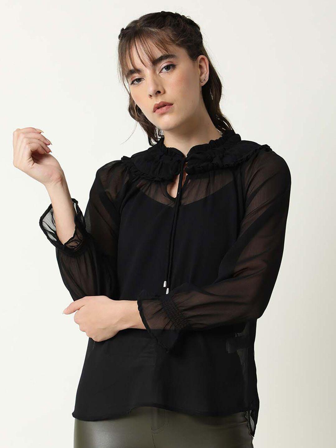 rareism women black solid tie-up neck long sleeves top