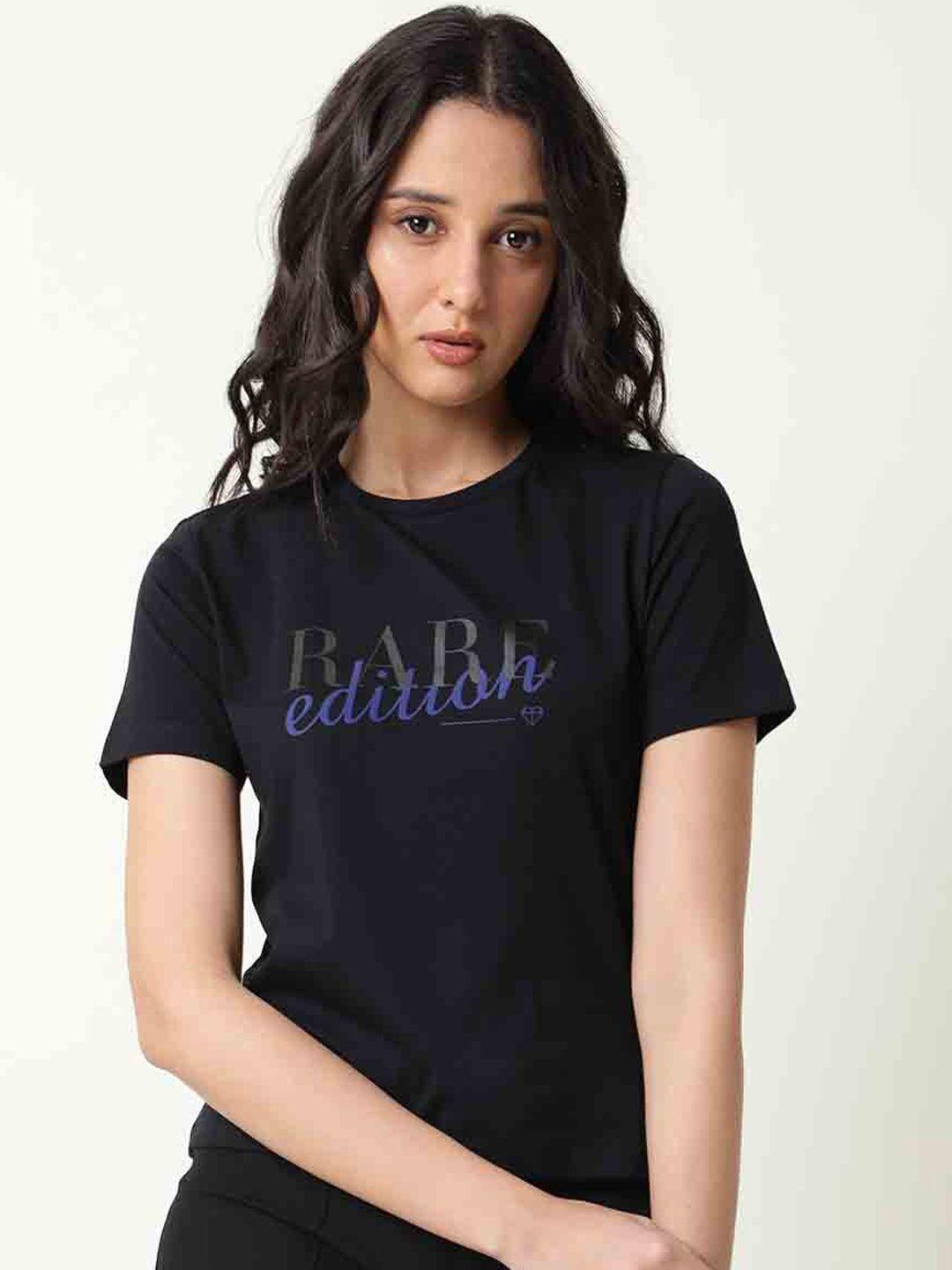 rareism women black typography printed applique slim fit cotton t-shirt