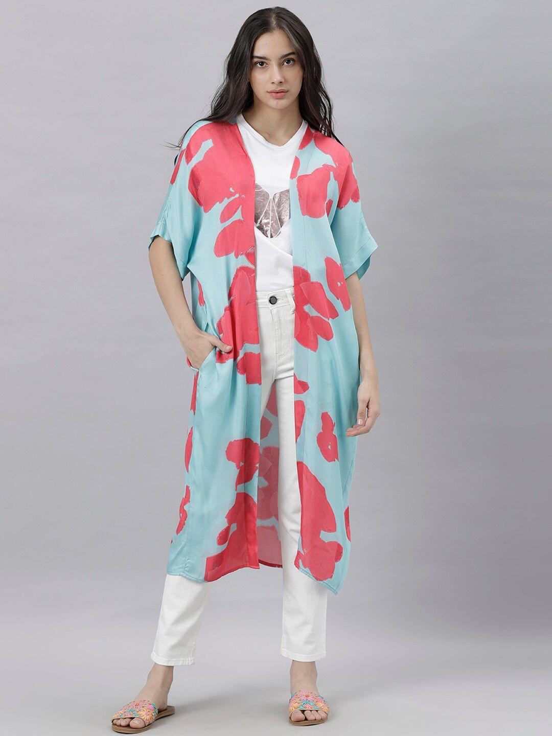 rareism women blue & peach-coloured printed longline shrug