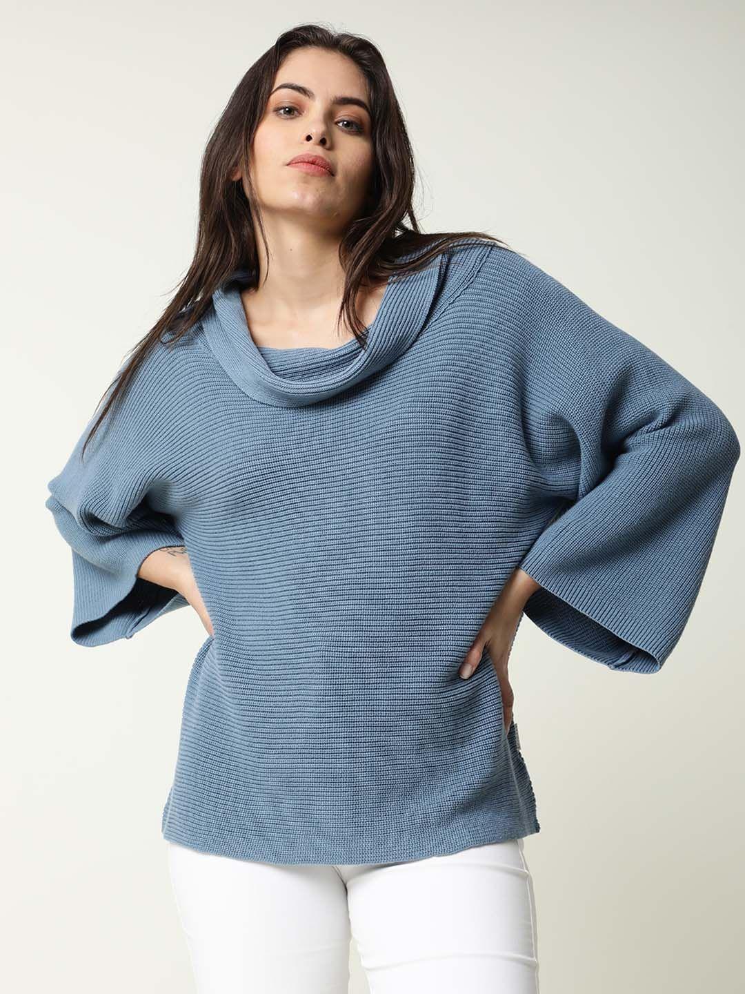 rareism women blue ribbed cotton pullover