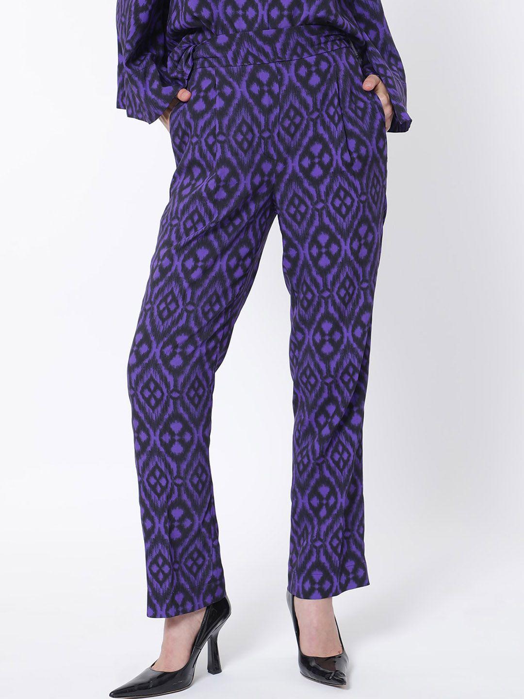 rareism women ethnic motifs printed high-rise slim fit cotton trousers